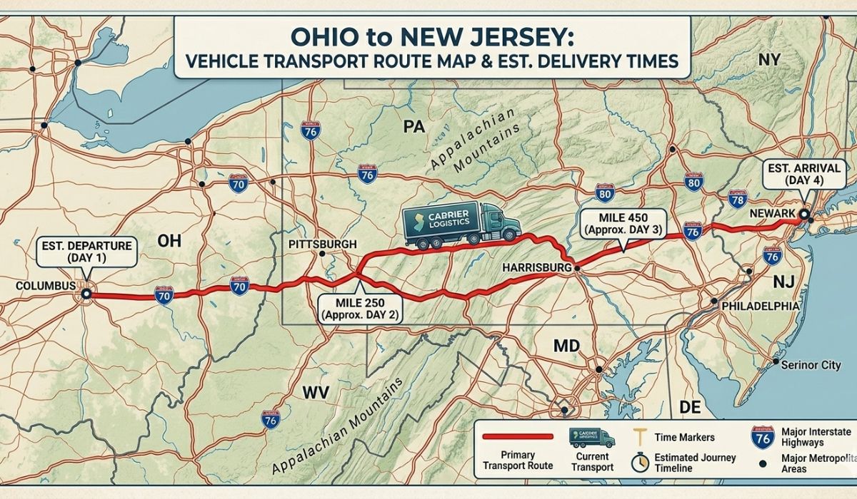 Estimated transit time and route for Ohio to New Jersey vehicle transport