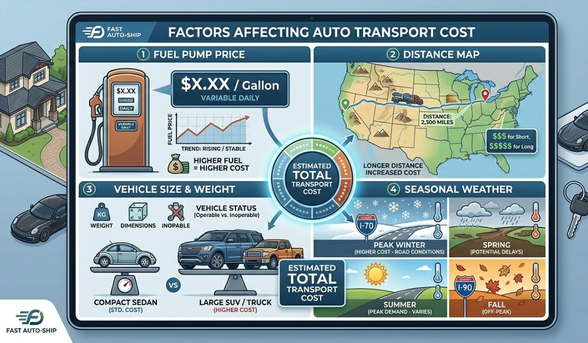 Factors affecting California to Michigan car shipping cost including distance fuel and season