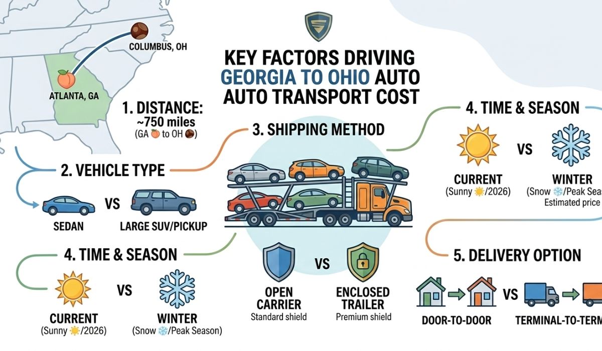 Factors affecting Georgia to Ohio car shipping prices including vehicle type and distance