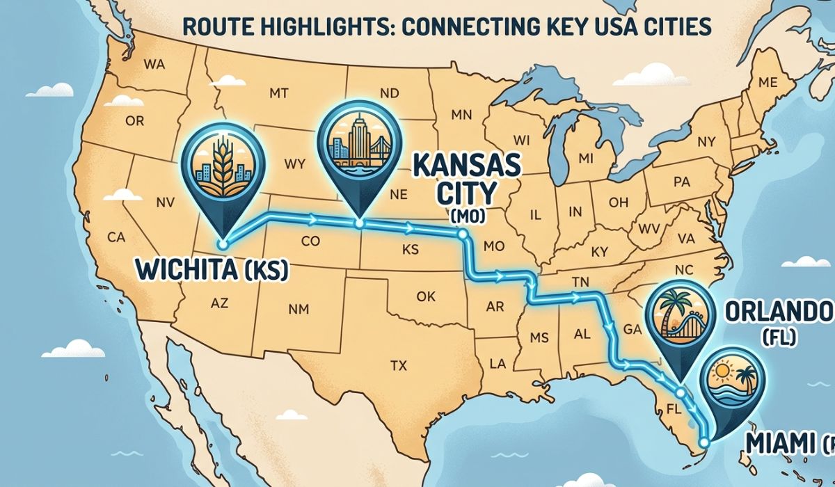 Florida to Kansas car shipping routes and city coverage