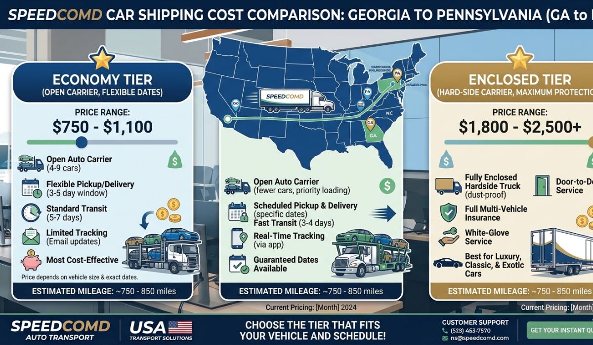 Georgia to Pennsylvania auto transport cost chart and pricing breakdown 2026