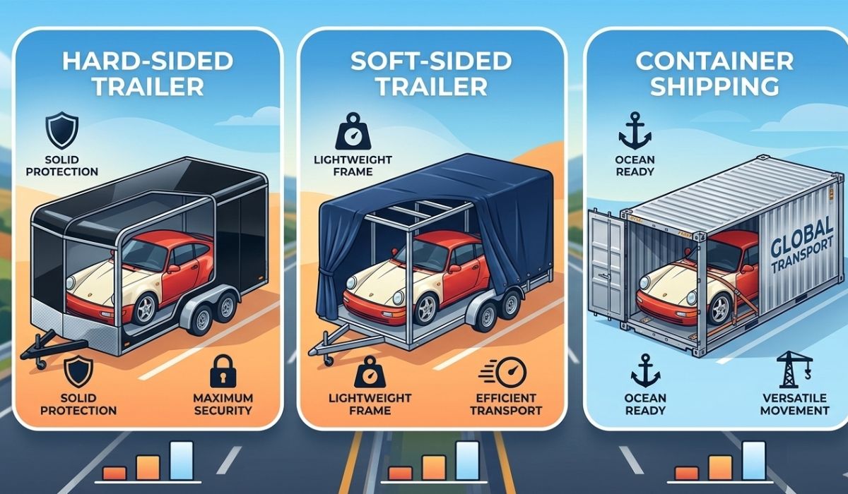 Hard-sided, soft-sided, and container car shipping options for premium vehicle transportation