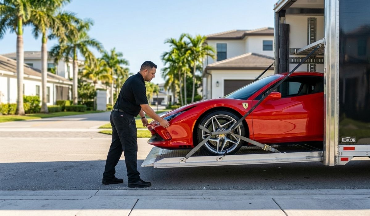 High-value sports car being loaded into a hydraulic lift trailer for enclosed exotic car transport.