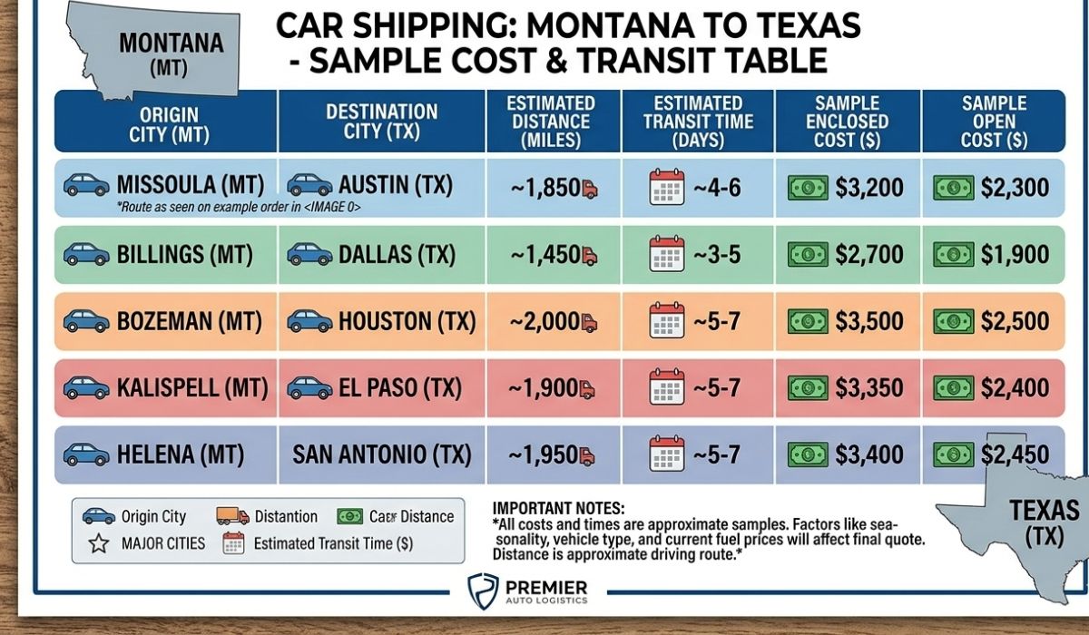 Infographic showing Montana to Texas car shipping cost, distance, and transit time.