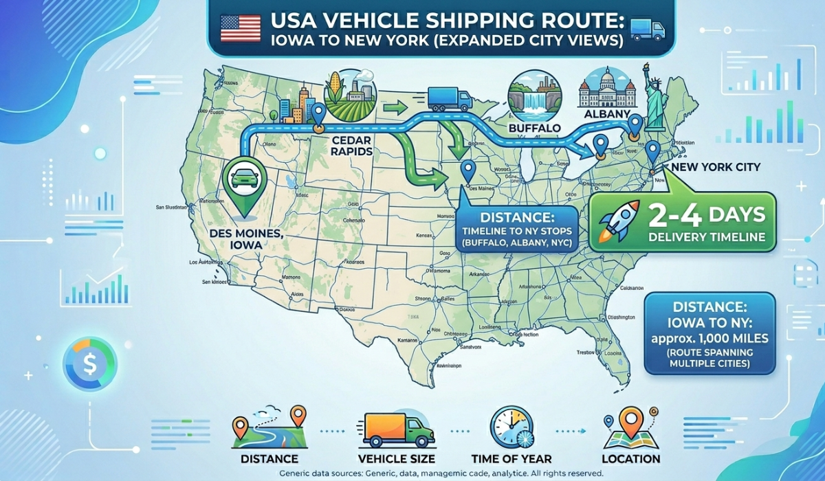 iowa to new york car shipping routes map with major cities
