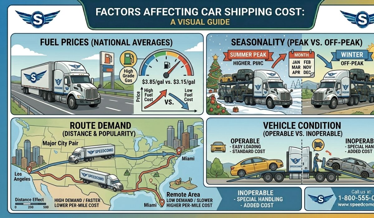 Key factors affecting Arkansas to Colorado auto transport cost including fuel prices and vehicle condition.