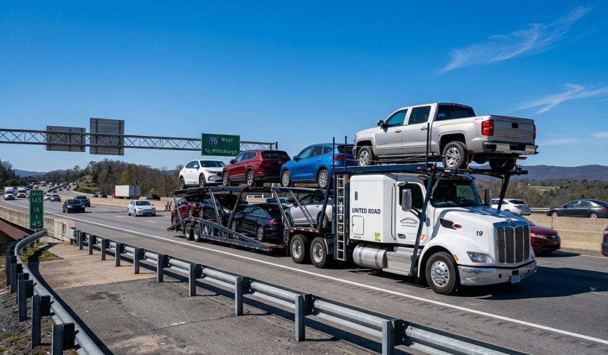 Open car transport carrier shipping vehicles across states