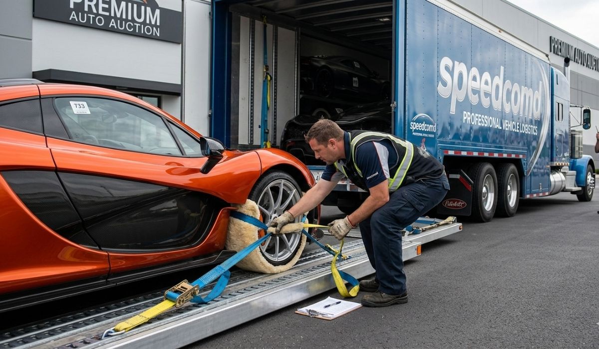 Luxury and collector car being handled safely for auction transport.