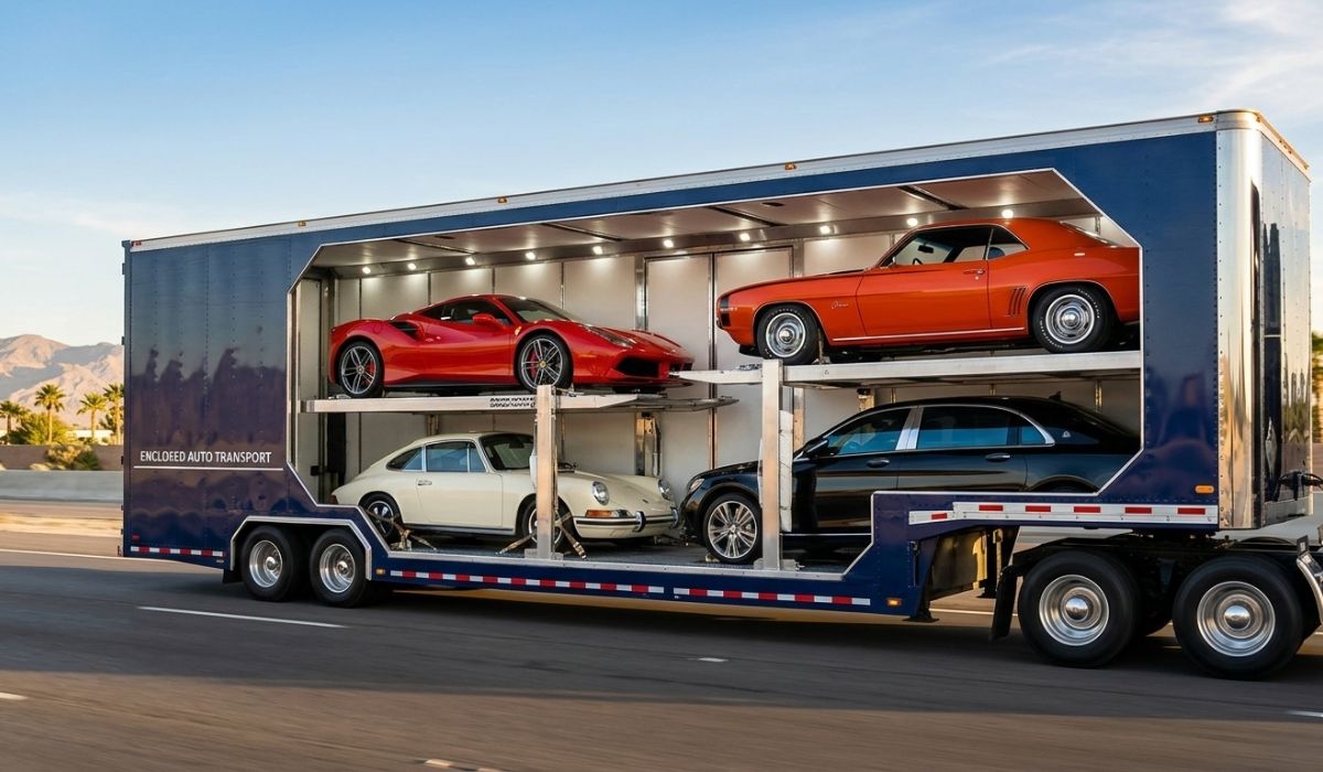Various high-value vehicles loaded safely inside an enclosed auto transport trailer