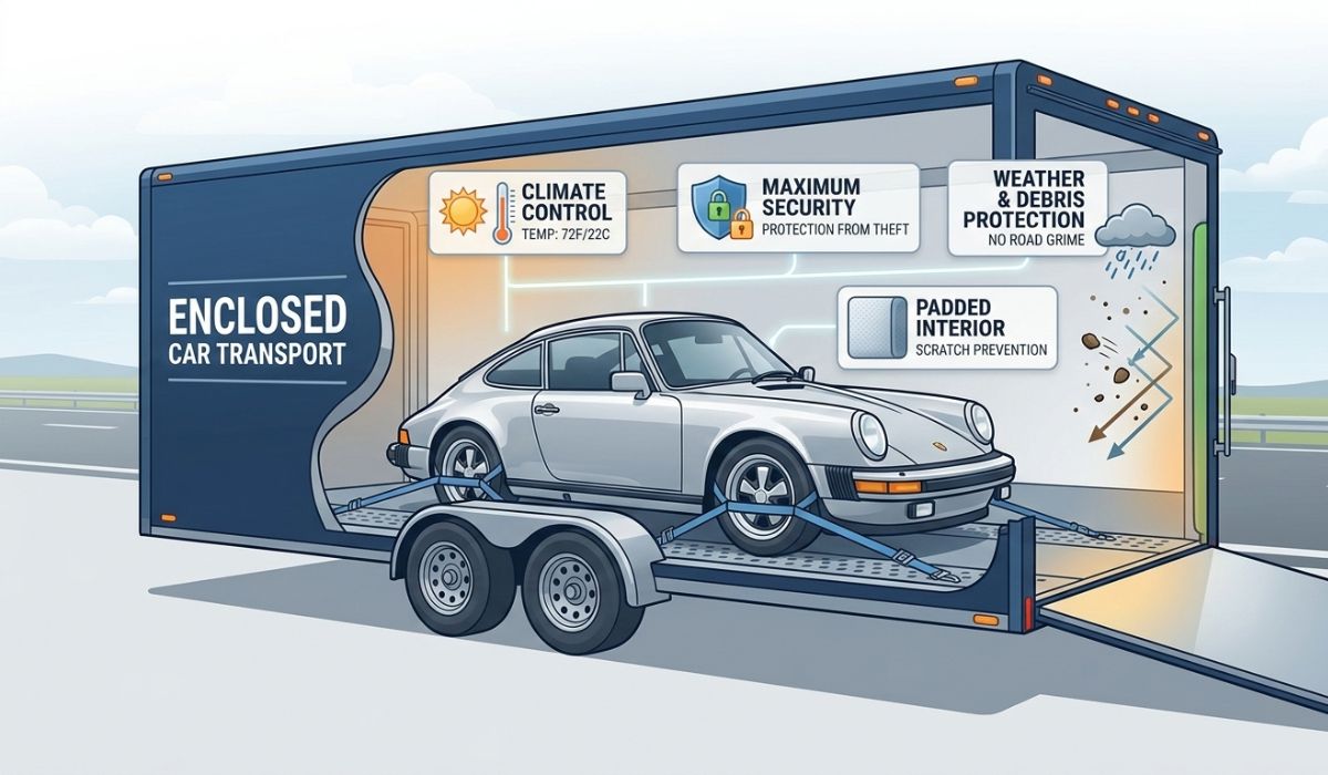 Luxury car inside enclosed trailer demonstrating protection from weather, debris, and extra security