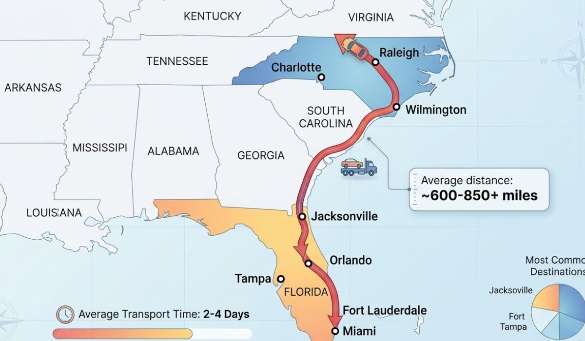 Map highlighting the route and distance for North Carolina to Florida vehicle transport.