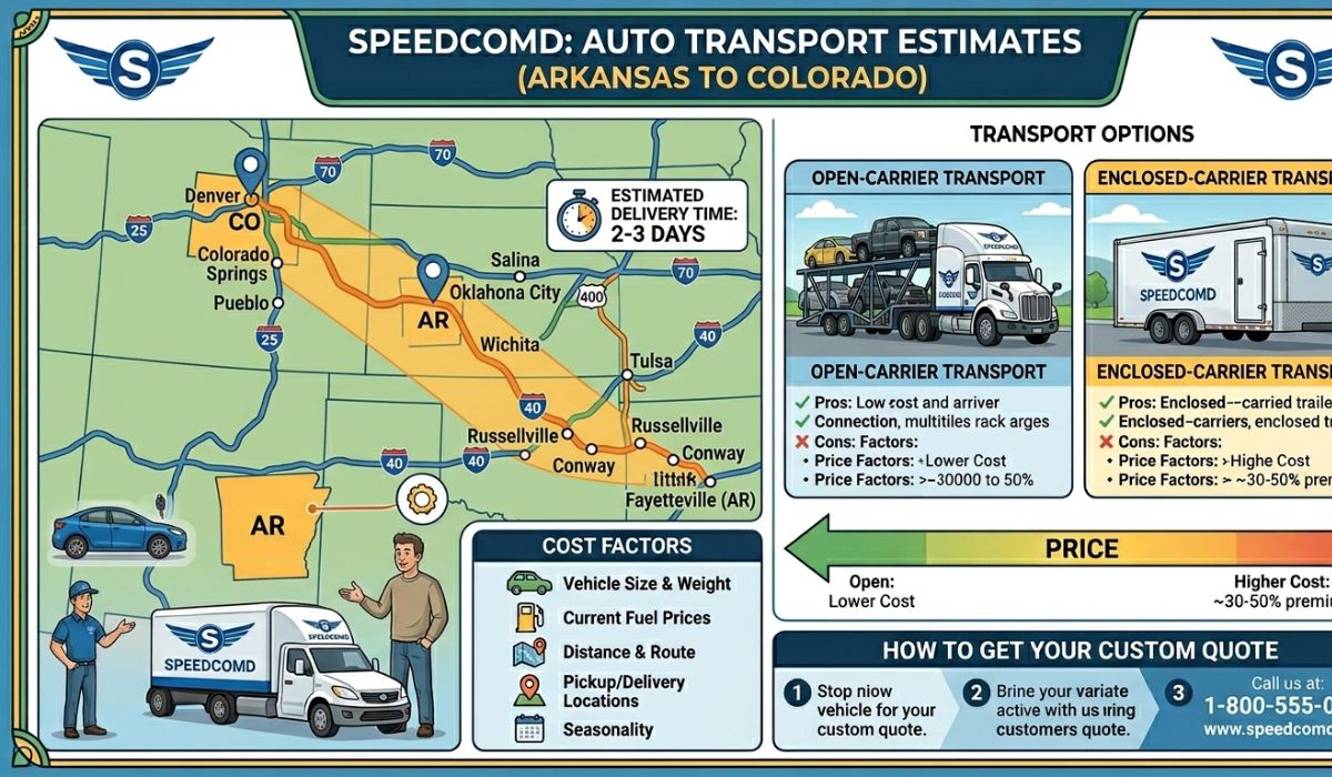 Map illustrating transit time and delivery schedule for Arkansas to Colorado car shipping.