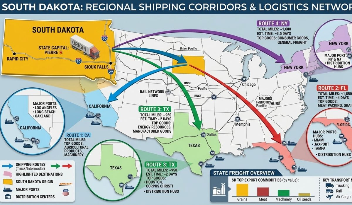 Map of popular South Dakota car shipping routes including California, Florida, Texas, and New York