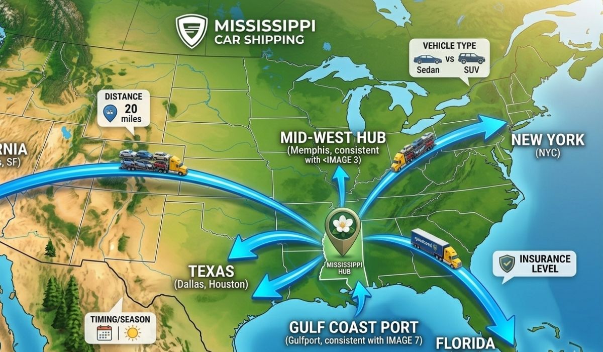 Map showing Mississippi car shipping routes across the United States