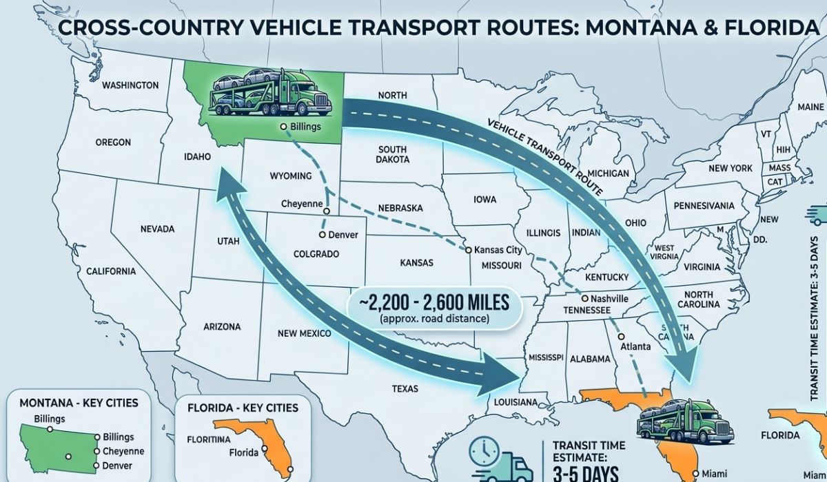 Map showing pickup and delivery locations for Montana to Florida car shipping