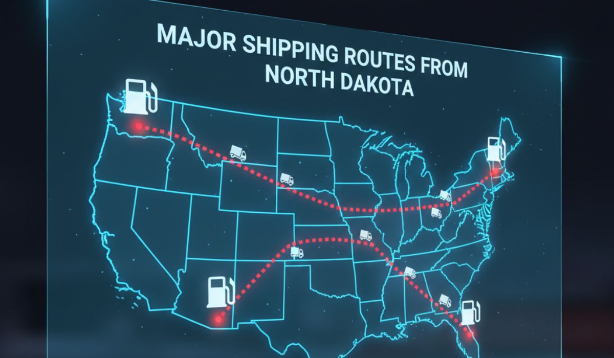 Map showing popular North Dakota car shipping routes across the United States.