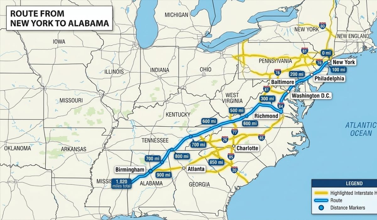 Map showing shipping distance and estimated delivery time for New York to Alabama car transport.