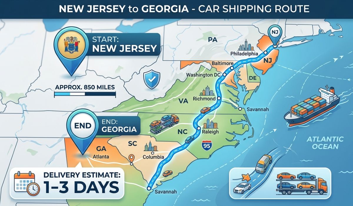 Map showing transit time and distance for New Jersey to Georgia auto transport