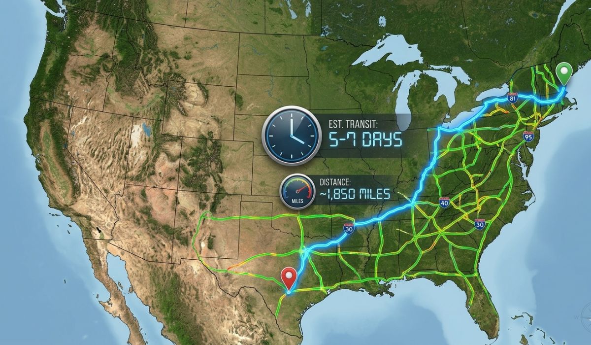 Map showing transit times and distance for New Hampshire to Texas car shipping