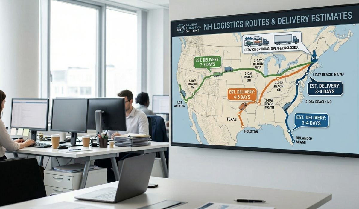 Map showing typical delivery times for New Hampshire car shipping routes.