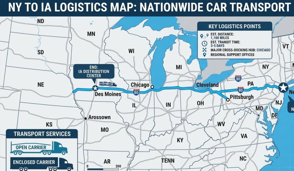 New York to Iowa car shipping route map across the United States