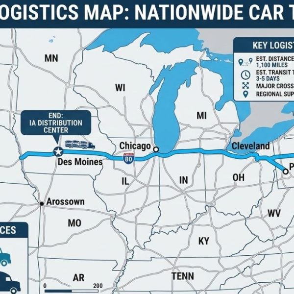 New York to Iowa car shipping route map across the United States