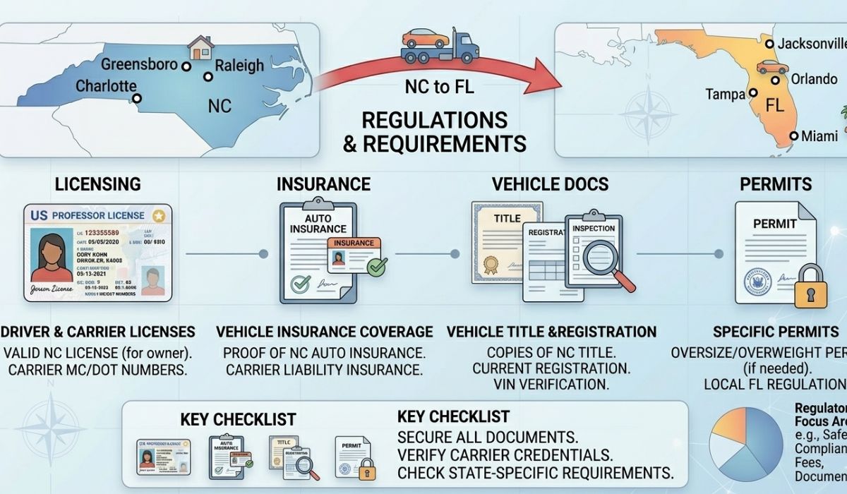 North Carolina and Florida vehicle transport regulations and shipping insights infographic.