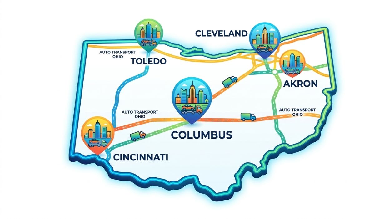 Ohio map showing major car shipping locations for auto transport Ohio services
