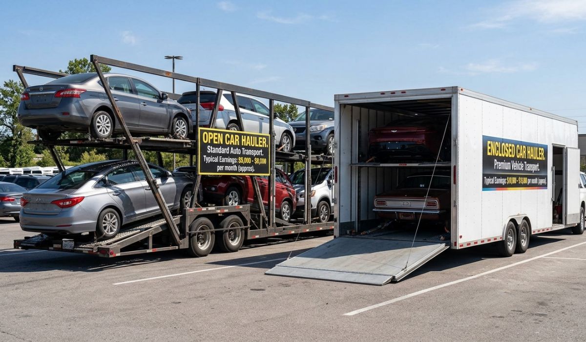 Open and enclosed car hauler trailers loaded with vehicles