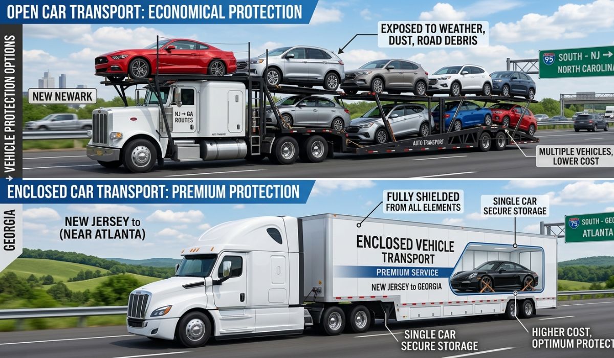 Open and enclosed car transport options for New Jersey to Georgia vehicle shipping