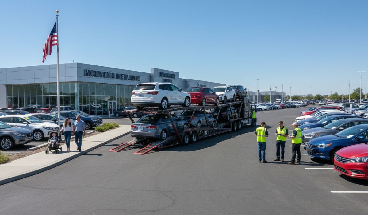 Open auto transport delivering vehicles to a car dealership.