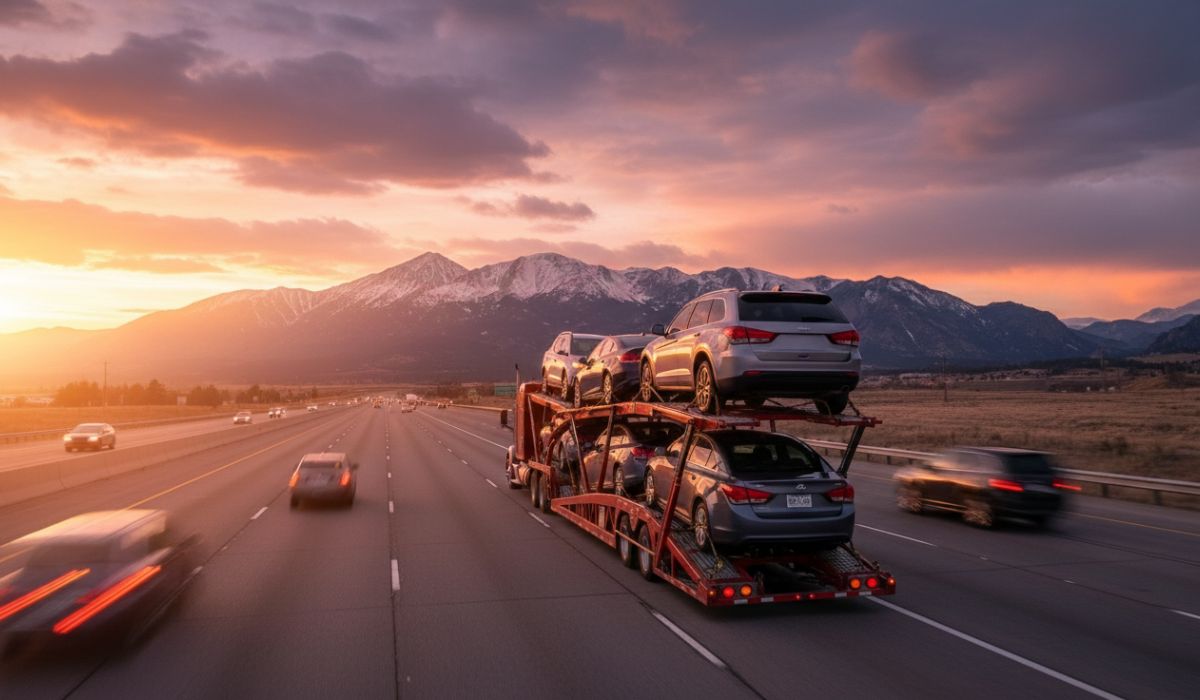 Open auto transport truck shipping multiple vehicles efficiently across the highway