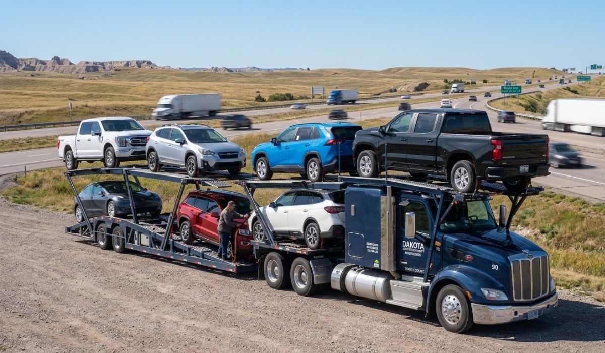 Open car carrier transport with multiple vehicles on a trailer, showing cost-effective car shipping in South Dakota