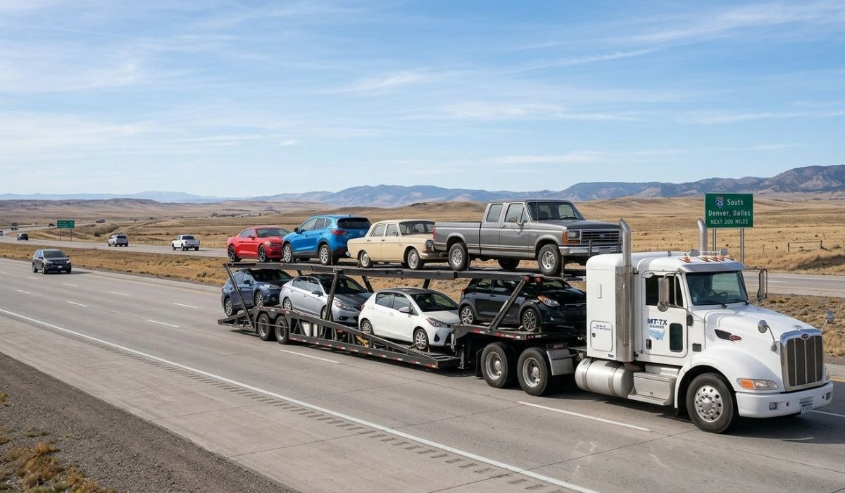 Open car transport trailer carrying vehicles on a highway
