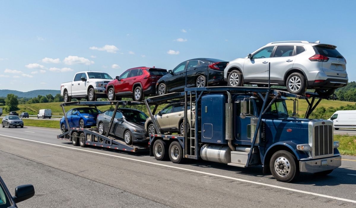 Open carrier transport moving cars on a trailer in New York