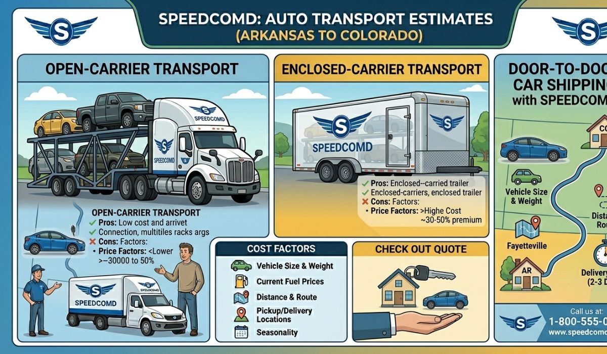 Open, enclosed, and door-to-door auto transport services offered for Arkansas to Colorado car shipping