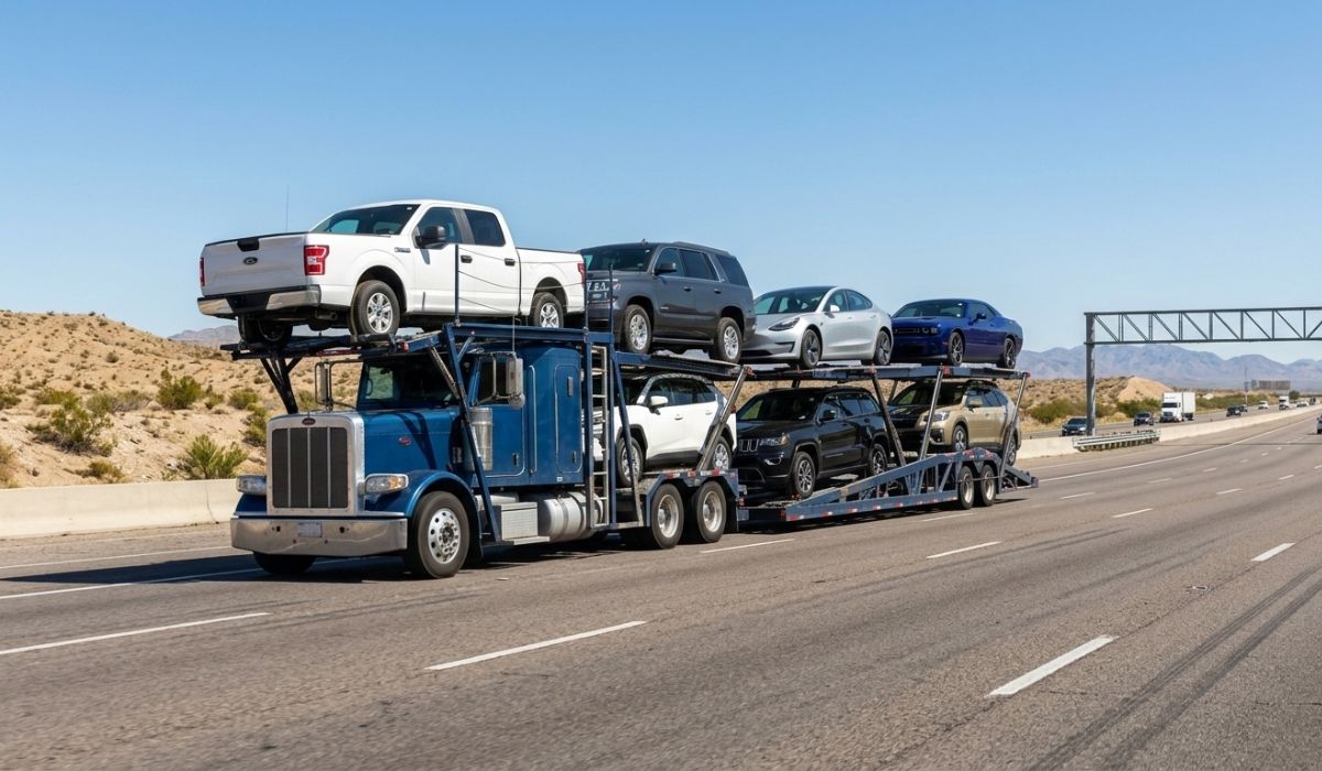Open transport trailer carrying cars for auction vehicle shipping