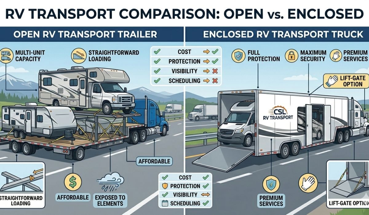 Open vs enclosed RV transport comparison showing shipping protection options