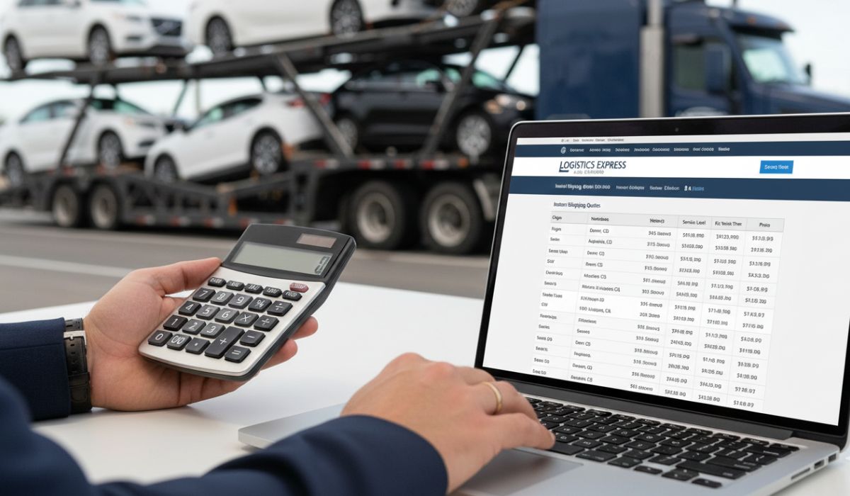 Person calculating the cost of shipping a car with open auto transport.