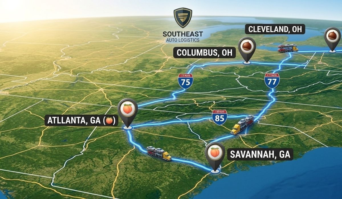 Popular car shipping routes from Georgia to Ohio including Atlanta and Columbus