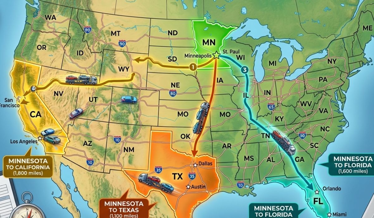Popular car shipping routes from Minnesota to major U.S. states.