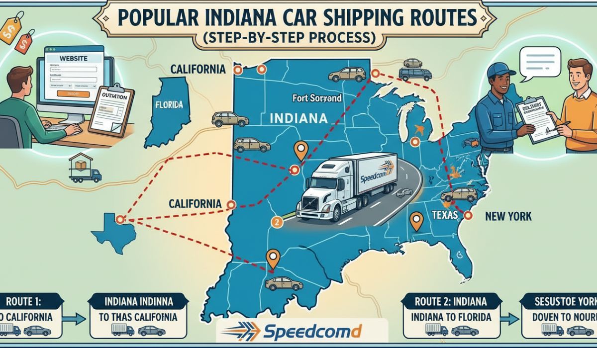 Popular Indiana car shipping routes across the USA.