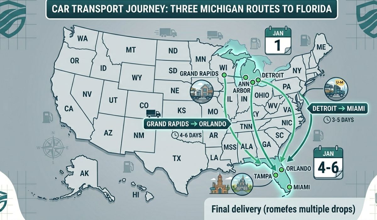 Popular michigan to florida auto transport shipping routes across the United States