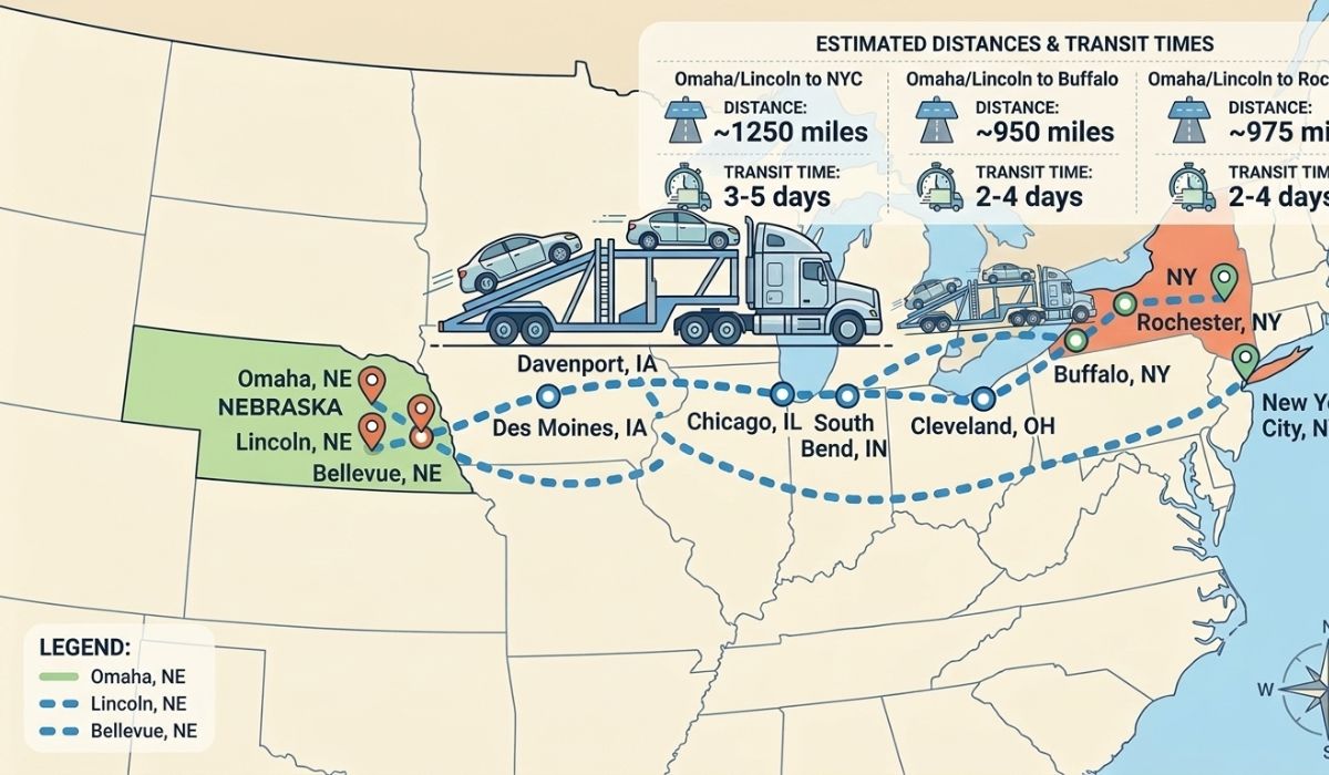 Popular Nebraska to New York auto transport routes map