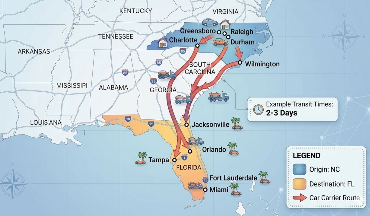 Popular routes for North Carolina to Florida auto transport with major cities highlighted.