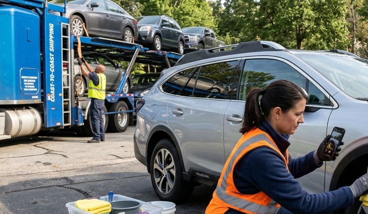 Preparing a car for shipping before professional vehicle transport.
