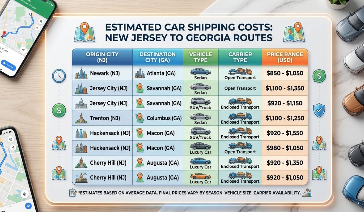 Pricing table for New Jersey to Georgia auto transport with estimated costs and delivery times