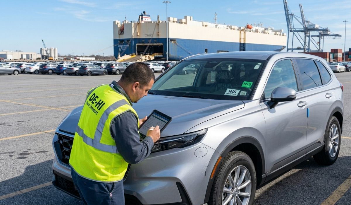 professional car shipping experts inspecting vehicle before transport