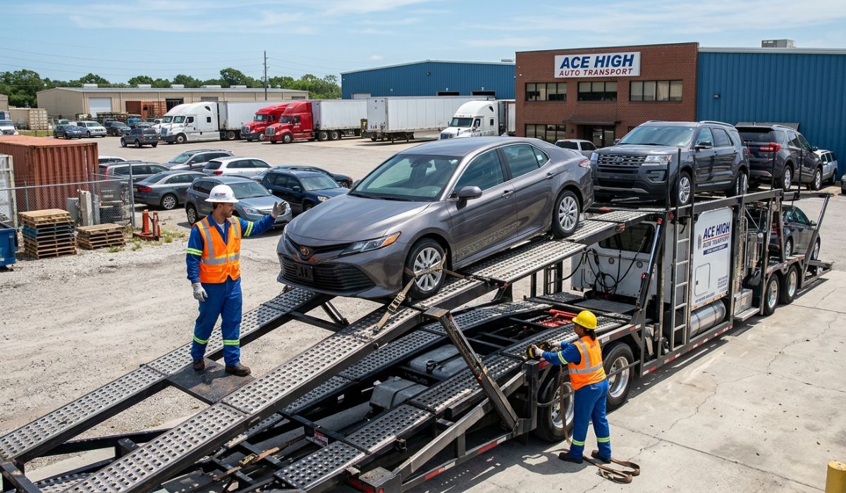professional car shipping services loading vehicle onto carrier truck USA