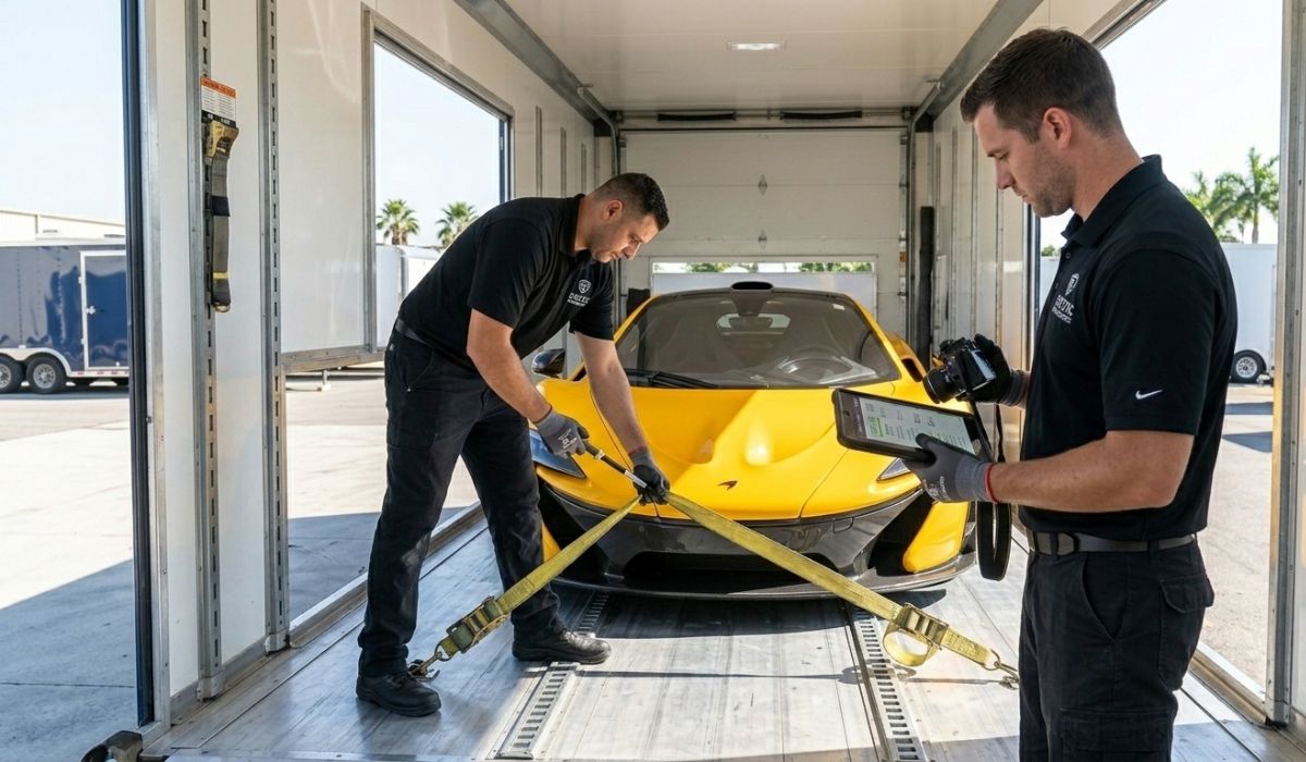 Professional drivers securing luxury vehicles in enclosed trailers for safe transport
